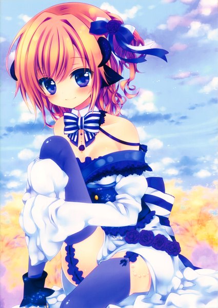 Anime picture 2573x3635 with original konno kengo single tall image highres short hair blue eyes bare shoulders cloud (clouds) orange hair girl thighhighs dress hair ornament bow hair bow