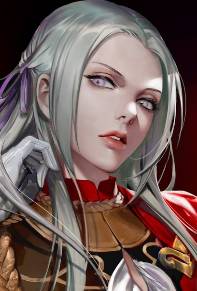 Anime picture 2410x3544 with fire emblem fire emblem: three houses nintendo edelgard von hresvelg shycocoa single long hair tall image looking at viewer highres simple background purple eyes payot silver hair upper body parted lips head tilt arm up lips realistic