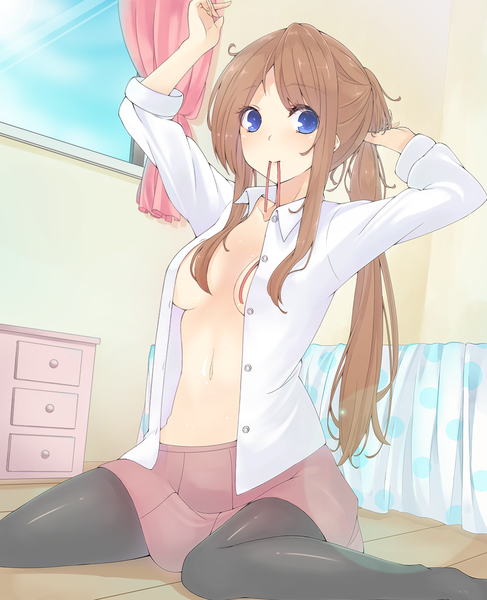 Anime-Bild 1000x1231 mit original tofu1601 single long hair tall image breasts blue eyes light erotic brown hair ponytail open clothes open shirt mouth hold girl skirt navel miniskirt bed