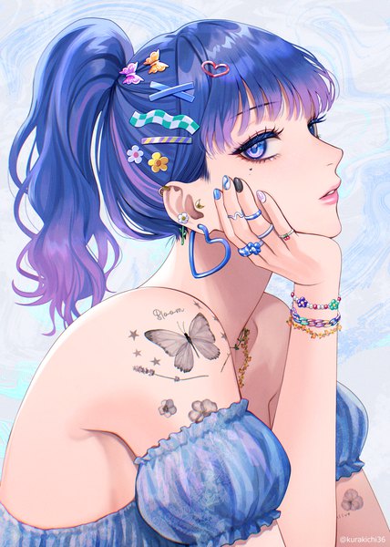 Anime picture 1000x1401 with original kurayoshi samu (sum) single long hair tall image looking at viewer fringe blue eyes simple background signed blue hair upper body blunt bangs nail polish profile multicolored hair fingernails mole tattoo streaked hair
