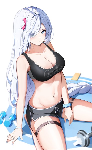 Anime picture 5100x8300 with genshin impact shenhe (genshin impact) yeni1871 single tall image looking at viewer blush fringe highres breasts blue eyes light erotic simple background large breasts white background sitting absurdres cleavage white hair very long hair
