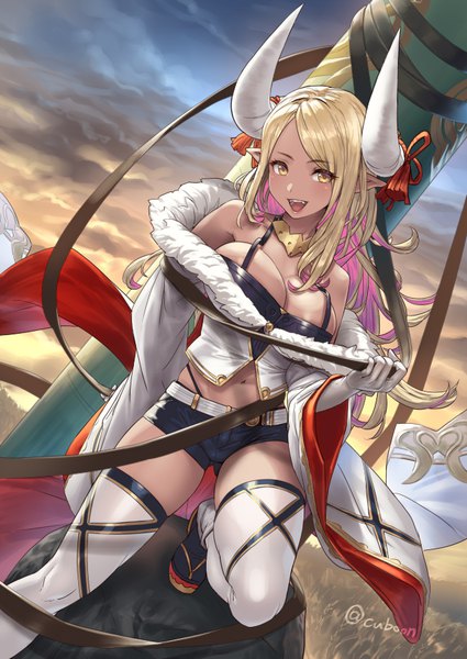 Anime picture 627x885 with granblue fantasy kumbhira (granblue fantasy) mismi single long hair tall image looking at viewer blush fringe breasts open mouth light erotic blonde hair smile holding signed yellow eyes payot sky cleavage