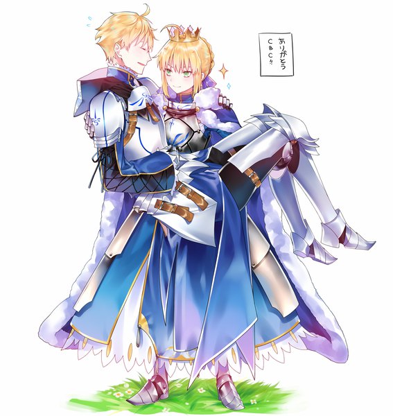 Anime picture 1608x1700 with fate (series) fate/stay night fate/prototype artoria pendragon (all) saber arthur pendragon (fate) ichinose rei tall image fringe short hair simple background blonde hair smile hair between eyes standing white background holding green eyes payot looking away