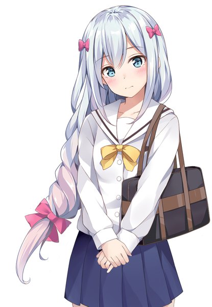 Anime picture 800x1156 with eromanga sensei a-1 pictures izumi sagiri yukinoshita (shaonjishi) single long hair tall image looking at viewer blush blue eyes simple background standing white background payot silver hair braid (braids) head tilt pleated skirt single braid hands clasped