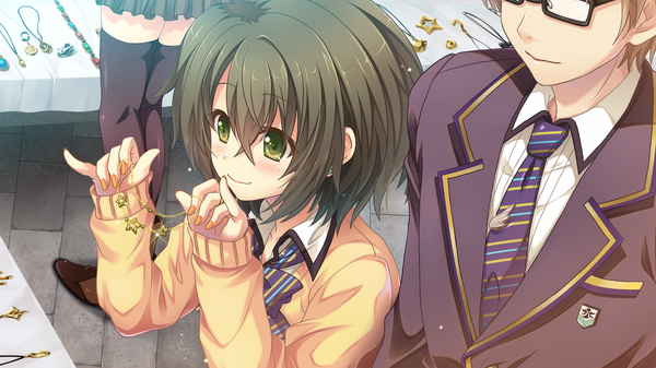 Anime picture 1280x720 with otome switch blush short hair smile brown hair wide image green eyes game cg couple girl boy uniform school uniform glasses
