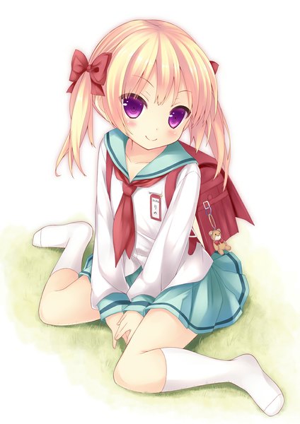 Anime picture 800x1131 with original ryo (botugo) single long hair tall image looking at viewer blush blonde hair smile sitting purple eyes twintails loli no shoes wariza girl skirt uniform bow hair bow
