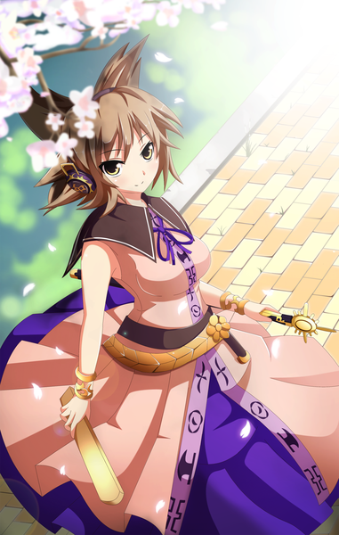 Anime picture 1182x1860 with touhou toyosatomimi no miko nugi (armenci) single tall image blush short hair smile brown hair yellow eyes from above sunlight sleeveless cherry blossoms girl dress plant (plants) petals tree (trees) bracelet
