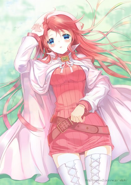 Anime picture 1200x1702 with summon night summon night 3 aty (summon night) takeda mika single long hair tall image blush open mouth blue eyes red hair lying on back hand on head girl thighhighs hat belt cape sweater dress