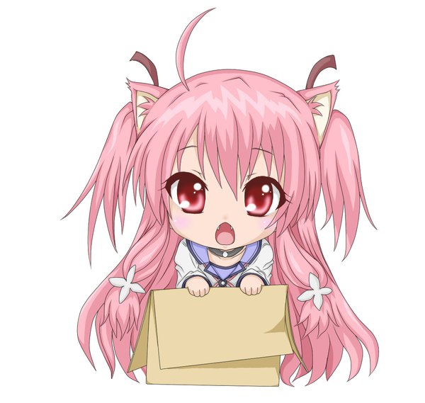 Anime picture 1182x1122 with angel beats! key (studio) yui (angel beats!) kuena single long hair open mouth simple background red eyes white background animal ears pink hair cat ears fang (fangs) two side up chibi girl box