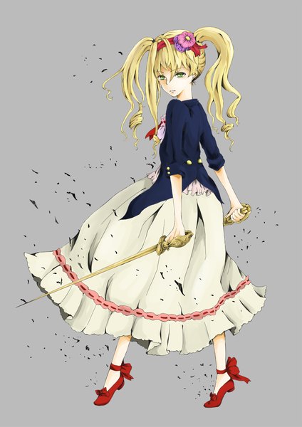 Anime picture 1500x2121 with kuroshitsuji a-1 pictures elizabeth middleford single long hair tall image blonde hair twintails green eyes hair flower grey background girl dress hair ornament weapon sword hairband