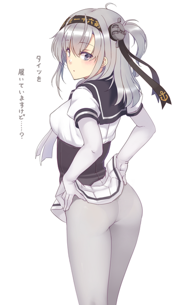 Anime picture 700x1200 with kantai collection suzutsuki (kancolle) nakadori (movgnsk) single long hair tall image blush fringe breasts light erotic simple background hair between eyes white background silver hair ahoge ass pleated skirt looking back from behind one side up