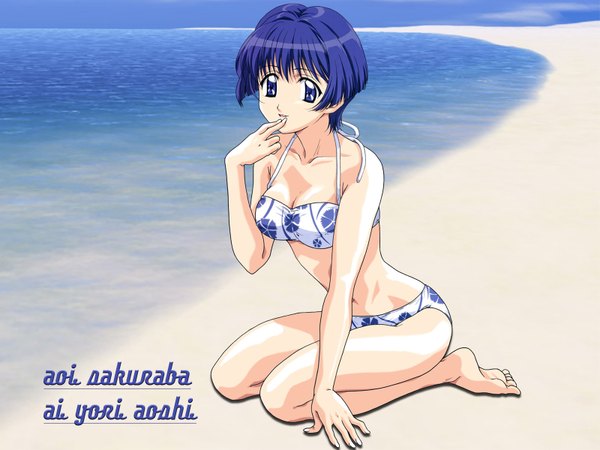 Anime picture 1600x1200 with ai yori aoshi j.c. staff sakuraba aoi highres short hair blue eyes blue hair wallpaper beach kneeling swimsuit bikini white bikini floral print bikini