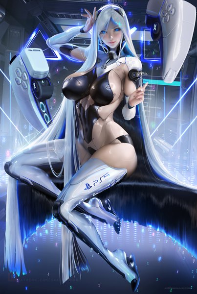Anime picture 2554x3800 with original sony ps5 chan sakimichan single tall image looking at viewer blush fringe highres blue eyes light erotic black hair hair between eyes sitting full body bent knee (knees) white hair indoors long sleeves