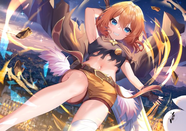 Anime picture 5262x3720 with princess connect! re:dive princess connect! muimi (princess connect!) shanguier single long hair looking at viewer blush fringe highres blue eyes light erotic smile hair between eyes absurdres cloud (clouds) outdoors arm up orange hair night