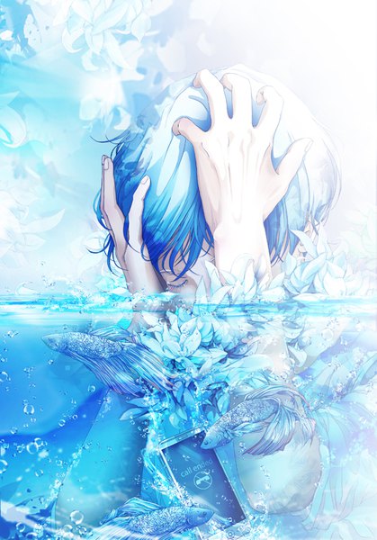 Anime picture 559x800 with original paw (brtabby) single tall image fringe short hair blue hair eyes closed partially submerged hands on head boy flower (flowers) animal petals water bubble (bubbles) fish (fishes) mobile phone smartphone