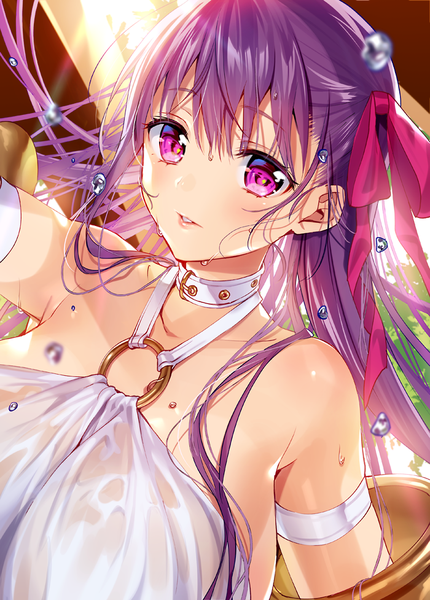 Anime picture 700x977 with fate (series) fate/extra fate/extra ccc passionlip murakami yuichi single long hair tall image looking at viewer blush fringe breasts light erotic hair between eyes bare shoulders purple hair upper body parted lips pink eyes sunlight