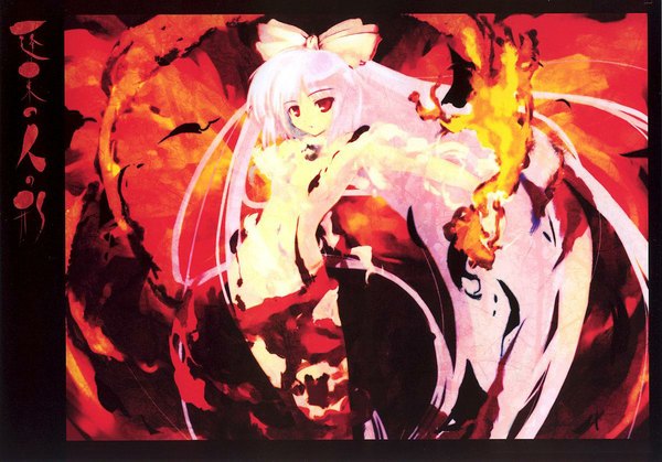 Anime picture 1197x836 with touhou fujiwara no mokou tokiame single looking at viewer light erotic red eyes standing pink hair very long hair nude :o torn clothes flat chest girl navel hair ornament bow ribbon (ribbons) hair bow