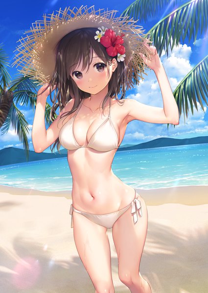 Anime picture 860x1214 with original mignon single long hair tall image looking at viewer blush fringe light erotic smile hair between eyes brown hair brown eyes sky cloud (clouds) outdoors hair flower arms up armpit (armpits) beach