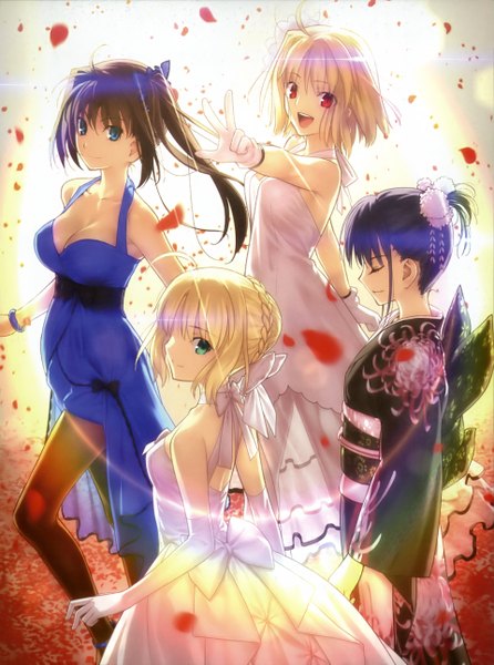 Anime picture 1920x2582 with fate (series) fate/stay night mahou tsukai no yoru studio deen type-moon artoria pendragon (all) saber ryougi shiki arcueid brunestud aozaki aoko long hair tall image looking at viewer highres short hair open mouth blue eyes blonde hair smile red eyes