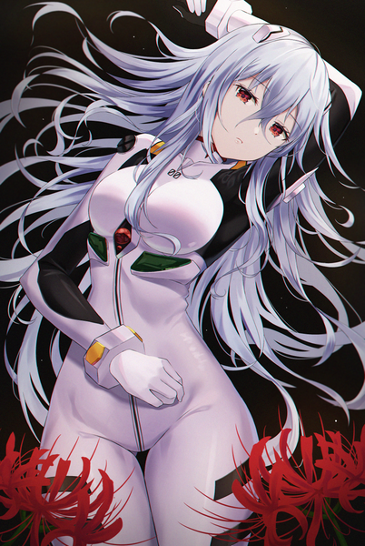 Anime picture 906x1351 with neon genesis evangelion rebuild of evangelion evangelion: 3.0+1.0 thrice upon a time gainax ayanami rei hyonee single long hair tall image looking at viewer fringe simple background hair between eyes red eyes silver hair lying parted lips head tilt arm up on back