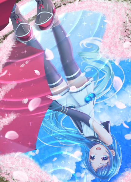 Anime-Bild 1151x1600 mit kantai collection samidare destroyer hane yoshiyumi single tall image open mouth blue eyes standing blue hair sky cloud (clouds) very long hair :d sparkle zettai ryouiki cherry blossoms reflection girl thighhighs gloves
