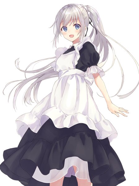 Anime picture 900x1200 with original rimo single long hair tall image looking at viewer blush fringe open mouth blue eyes simple background smile hair between eyes standing white background silver hair ponytail :d short sleeves maid