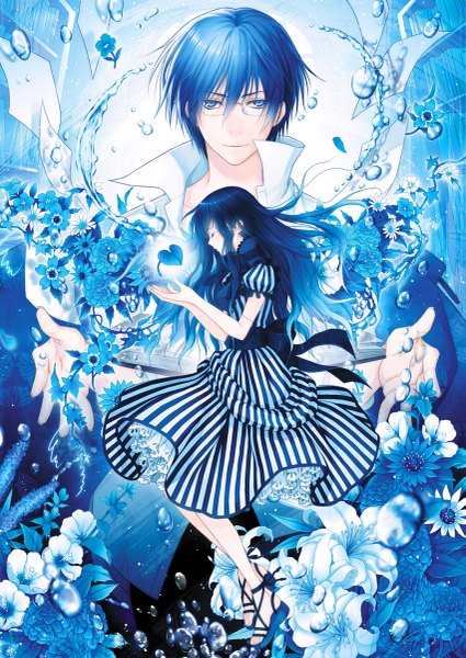 Anime picture 851x1200 with original yuuno (yukioka) long hair tall image short hair black hair blue hair eyes closed girl dress boy flower (flowers) glasses bubble (bubbles) paper