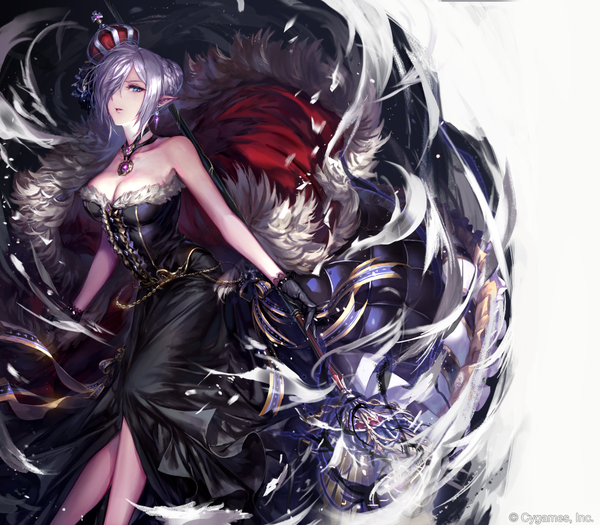 Anime picture 1027x900 with shingeki no bahamut irua single long hair looking at viewer fringe breasts blue eyes bare shoulders holding cleavage silver hair braid (braids) parted lips pointy ears hair over one eye official art girl dress gloves