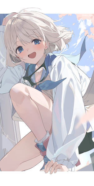 Anime picture 1009x2000 with idolmaster idolmaster shiny colors serizawa asahi sake dong single tall image looking at viewer blush short hair open mouth blue eyes silver hair :d letterboxed hand on head goggles around neck girl goggles