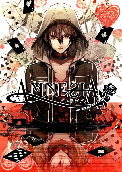 Anime picture 8100x11428 with amnesia idea factory shin (amnesia) hanamura mai single tall image looking at viewer fringe highres short hair hair between eyes red eyes brown hair absurdres upper body scan official art copyright name reflection dual persona