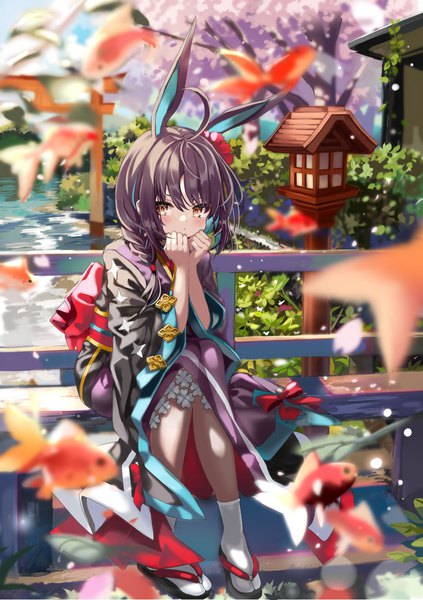 Anime picture 846x1200 with original shino (eefy) single long hair tall image looking at viewer blush black hair sitting animal ears yellow eyes full body ahoge braid (braids) traditional clothes japanese clothes multicolored hair bunny ears cherry blossoms single braid