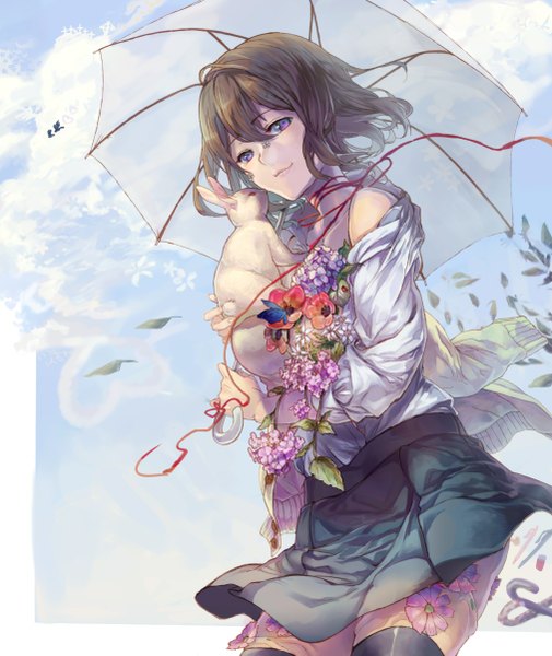 Anime picture 1012x1201 with original motiko single tall image fringe short hair brown hair holding sky cloud (clouds) light smile wind off shoulder happy transparent umbrella girl thighhighs skirt flower (flowers) animal