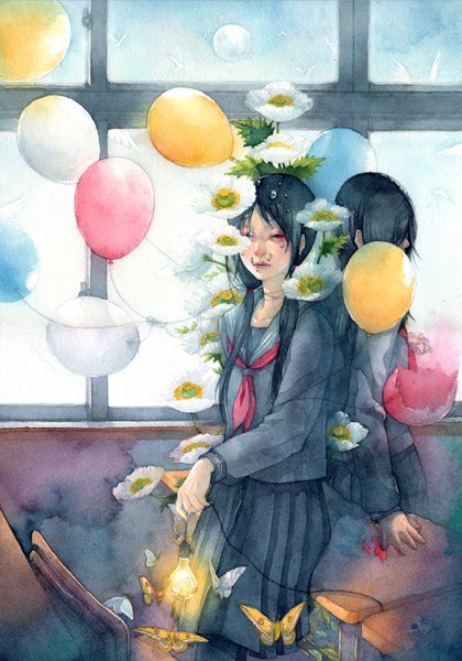 Anime-Bild 1051x1500 mit original shuka (artist) long hair tall image black hair multiple girls black eyes back to back girl flower (flowers) 2 girls serafuku window insect butterfly bubble (bubbles) wire (wires) balloon light bulb