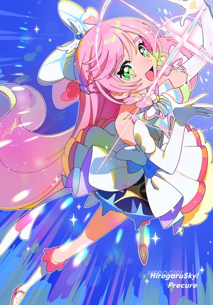Anime picture 909x1306 with precure hirogaru sky! precure toei animation nijigaoka mashiro cure prism o4ritarou single tall image looking at viewer open mouth green eyes pink hair very long hair :d sparkle copyright name magic half updo magical girl girl