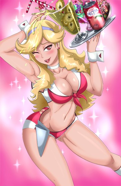Anime picture 800x1230 with space dandy studio bones honey (space dandy) shadman (theshadling) single long hair tall image blush breasts open mouth light erotic blonde hair red eyes large breasts one eye closed wink waitress boobies uniform girl earrings