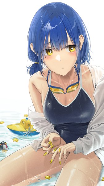 Anime picture 1406x2500 with original noeru single long hair tall image blush fringe breasts light erotic simple background white background sitting twintails yellow eyes blue hair looking away cleavage nail polish fingernails off shoulder