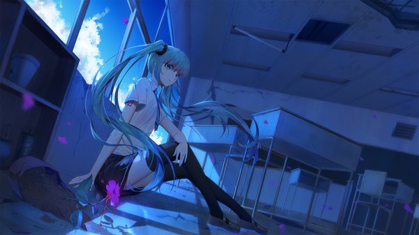 Anime picture 1920x1080 with vocaloid hatsune miku ji dao ji single long hair fringe highres wide image sitting twintails payot looking away sky cloud (clouds) full body indoors pleated skirt aqua eyes fingernails light smile