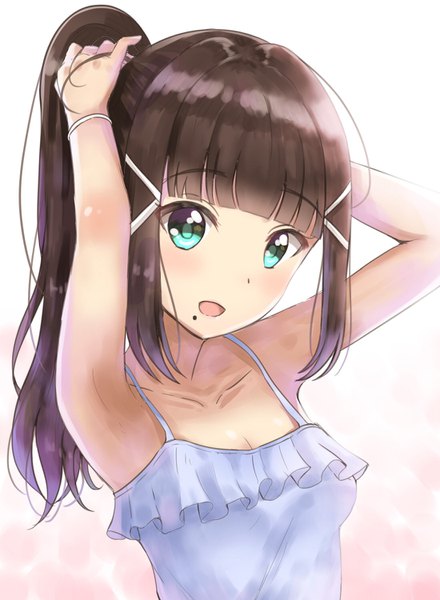 Anime picture 1100x1500 with love live! sunshine!! sunrise (studio) love live! kurosawa dia sin (sin52y) single long hair tall image looking at viewer blush fringe open mouth simple background smile brown hair white background bare shoulders payot upper body ponytail
