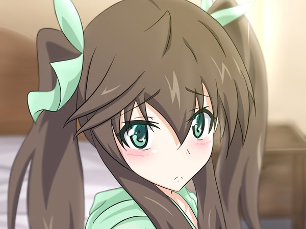 Anime picture 1600x1200 with infinite stratos 8bit fang linyin wingheart single long hair looking at viewer blush brown hair twintails green eyes girl