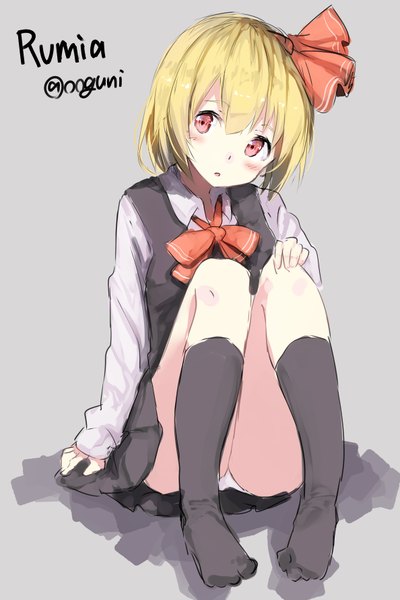 Anime picture 594x891 with touhou rumia wowoguni single tall image blush short hair light erotic blonde hair simple background red eyes sitting signed looking away parted lips grey background :o shadow pantyshot no shoes