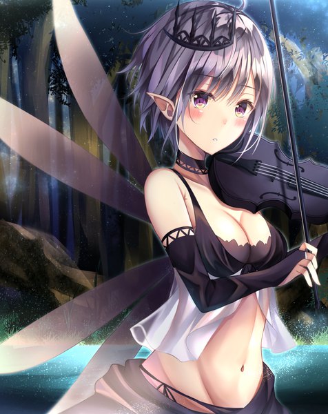 Anime picture 1256x1582 with original tsukasa tsubasa single tall image looking at viewer blush fringe short hair breasts light erotic hair between eyes standing purple eyes holding outdoors parted lips pointy ears grey hair :o elf