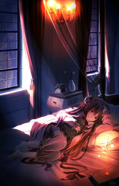 Anime picture 1280x2000 with touhou patchouli knowledge hosimo (artist) single long hair tall image smile purple hair lying barefoot girl window pillow book (books) bonnet candle (candles)