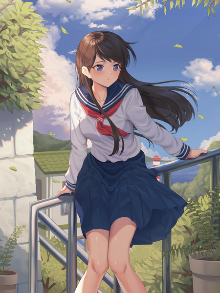 Anime-Bild 4500x6000 mit original goback single long hair tall image blush fringe highres breasts blue eyes brown hair standing looking away absurdres sky cloud (clouds) outdoors pleated skirt wind girl