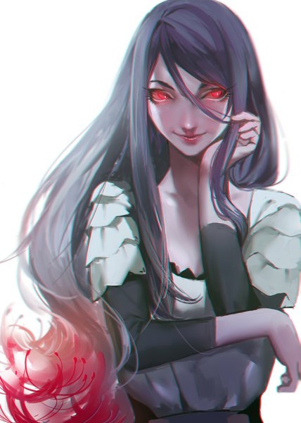 Anime picture 1095x1534 with tokyo ghoul studio pierrot kamishiro rize gamma (geoffrey) single long hair tall image looking at viewer black hair simple background smile red eyes standing white background adjusting hair girl dress flower (flowers)