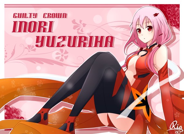 Anime picture 1300x950 with guilty crown production i.g yuzuriha inori single long hair light erotic red eyes pink hair inscription girl thighhighs hair ornament black thighhighs detached sleeves hairclip