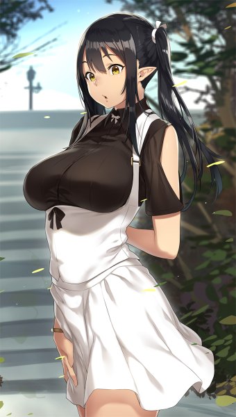 Anime picture 680x1200 with original elf (houtengeki) houtengeki single long hair tall image breasts open mouth light erotic black hair large breasts twintails yellow eyes looking away pointy ears girl dress