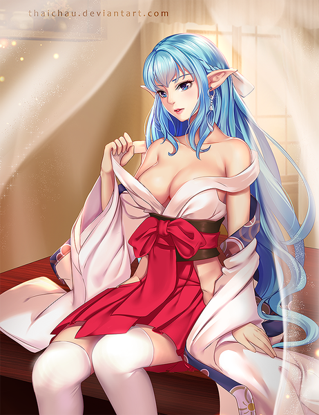 Anime picture 770x1000 with original riiya (mabong1989) single long hair tall image blush fringe breasts blue eyes light erotic large breasts signed payot blue hair looking away cleavage indoors blunt bangs traditional clothes parted lips