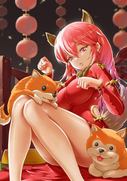 Anime picture 1800x2546 with original gi gi single long hair tall image looking at viewer fringe highres breasts light erotic hair between eyes red eyes large breasts sitting signed animal ears payot bent knee (knees) red hair tail