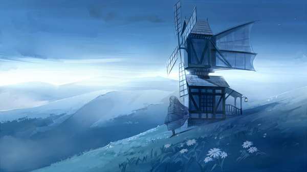 Аниме картинка 1024x575 с оригинальное изображение seo tatsuya один (одна) длинные волосы широкое изображение небо ветер гора (горы) пейзаж призрак девушка платье цветок (цветы) ветряная мельница