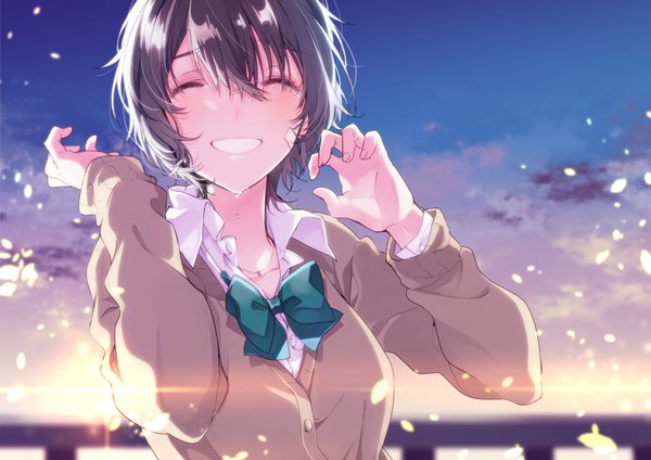 Anime picture 1169x827 with original umiko (munemiu) single blush fringe short hair black hair smile hair between eyes sky cloud (clouds) upper body outdoors eyes closed lips tears grin open collar ^ ^ bandaid on face